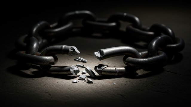 A heavy metal chain lying in a circle with one link broken apart.
