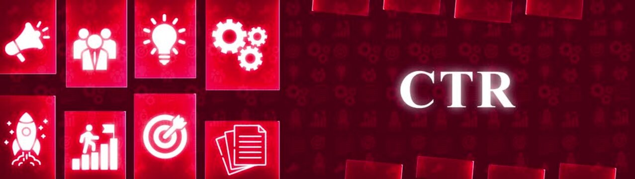 Digital Marketing Concept CTR Click Through Rate with Icons and Gears on Red Background marketing strategy