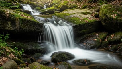 A scenic waterfall flowing through a vibrant green forest.