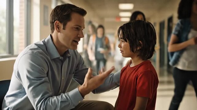 Teacher Comforting Sad Boy in School Hallway with Empathy