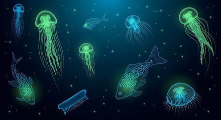 Obraz premium Bioluminescent Jellyfish and Fish Underwater Scene.