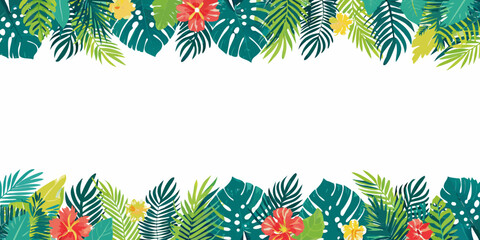 Tropical foliage border with vibrant red hibiscus and green leaves © Shobuj