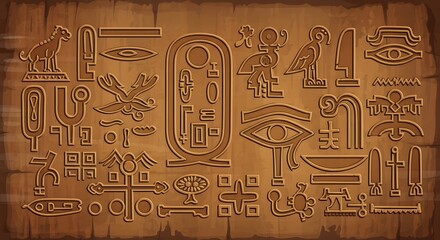 Ancient Egyptian Hieroglyphs Carved into Aged Papyrus Texture.
