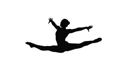 Silhouette of a dancer in mid air performing a split leap with arms outstretched on white background with dramatic lighting