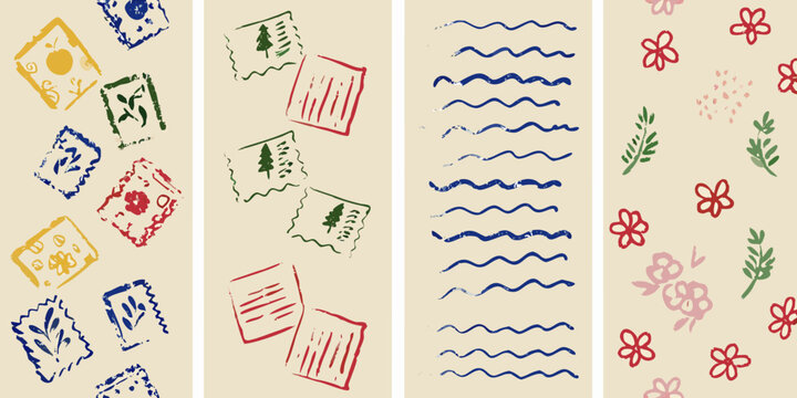 A series of textured hand drawn stamp and floral patterns on beige