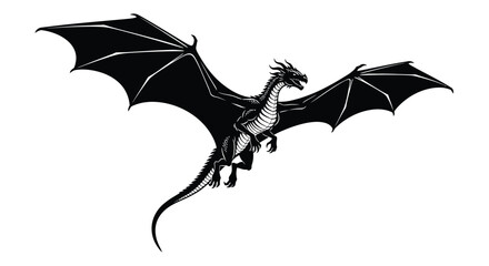 Black dragon with outstretched wings mythical creature in flight fantasy animal with white skeleton details on a plain white background creating a sense of freedom and power