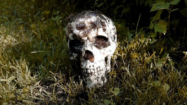 A human skull on the ground, with muddy dirt, worms and bugs. Grizzly death crime scene corpse, slow zoom in.