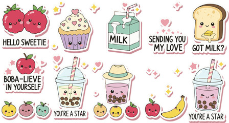 Fototapeta premium Cute Kawaii Food and Drink Sticker Set Adorable Characters for Fun and Expression