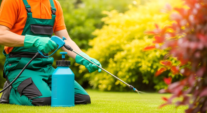 Gardener spraying pesticides on lawn and plants for pest control.