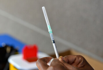 Fototapeta premium A close up of a syringe for a vaccine in Johannesburg, South Africa.