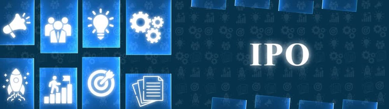 IPO Acronym and Business Icons on Blue Gradient Background with Repeating Growth Symbols initial public offering
