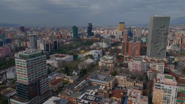 Aerial drone view of buildings downtown Tirana, Albania