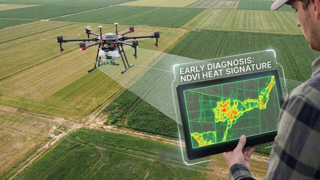 Drone crop health ndvi maps precision farming tablet showing vegetation heat signature for early diagnosis agricultural field with overlay of field
