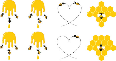 Honey Dripping and Bees Icon Set with Honeycomb Hexagon Pattern and Heart Shape Flight Path for Beekeeping and Natural Product Design © Sanjida