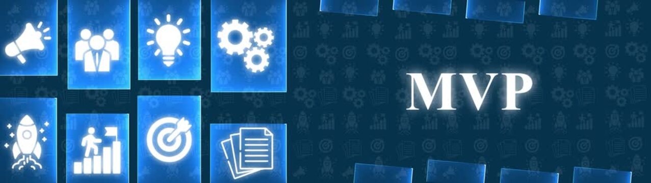 MVP Minimum Viable Product Business Concept with Icons and Dark Blue Background startup development