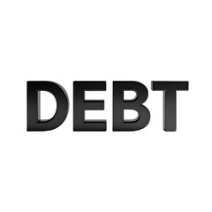 The word "DEBT" is displayed in bold, glossy black letters against a dark background.