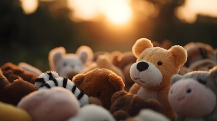 Fototapeta premium A collection of soft teddy bear toys gathered outdoors during a warm golden hour sunset creating a dreamy and nostalgic atmosphere