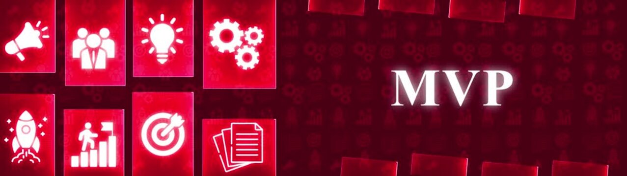 MVP Minimum Viable Product Business Concept with Icons and Dark Red Background startup development