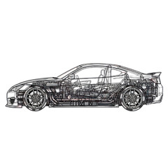 Fototapeta premium A detailed illustration showcases the intricate internal mechanics of a modern car.
