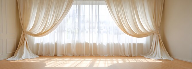 Fototapeta premium Ethereal Light: Gentle curtains gracefully frame a window, allowing natural light to cascade into a space, creating a sense of serenity and inviting ambiance.