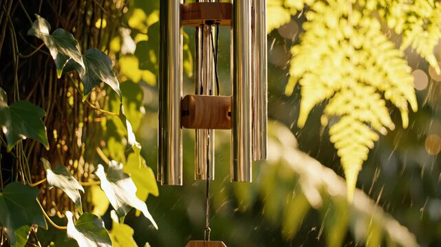 Wind chimes in garden with sunlight