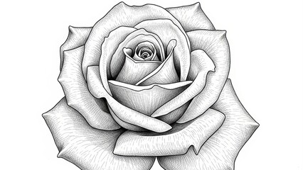 A detailed black and white line drawing of a blooming rose.