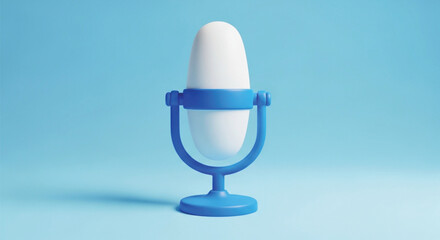 Minimalist 3d illustration of a white and blue microphone with a sleek design standing upright on a light blue background © md