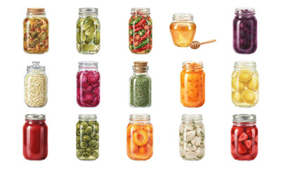 Watercolor jars with preserved organic food