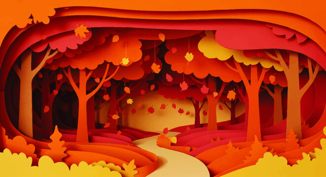 Vibrant autumnal forest scene crafted from layered paper art, with a winding path leading through a beautiful landscape of orange and red trees and falling leaves