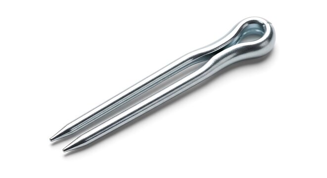 Close up of a silver cotter pin on a bright white background
