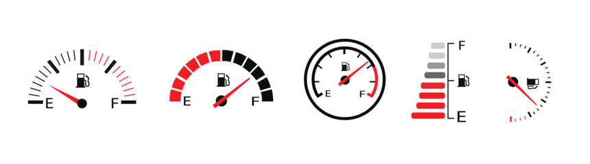 Fuel gauge icon set. Car gas level indicator symbol. Flat vector illustration