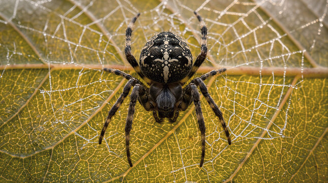 spider on web on the rose closeup