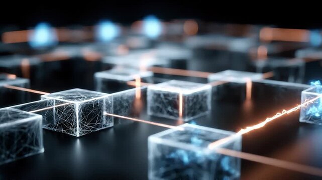 Futuristic Glass Cube Network with Functional Color-Coded AI Technology Roadmap Flow.