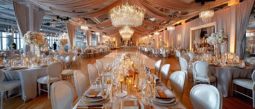 Elegant Event Space: A beautifully decorated event space, adorned with elegant chandeliers and tables set for a memorable gathering. The ambiance radiates sophistication and warmth.
