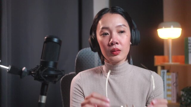 Frustrated young asian female content creator experiencing a creative block or technical issue during a podcast recording session, sitting at a desk with microphone and digital tablet.