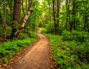 Fototapeta premium Winding Path Through Lush Green Forest in Summer.