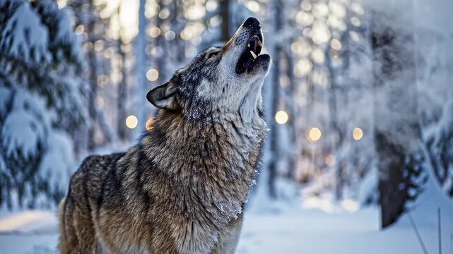 Wolf howling in snowy forest