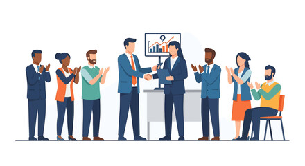 Obraz premium Business people shaking hands and celebrating success in a meeting. Vector Illustrations. EPS Editable