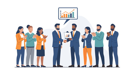 Business team celebrating success with a chart showing growth and achievement. Vector Illustrations. EPS Editable