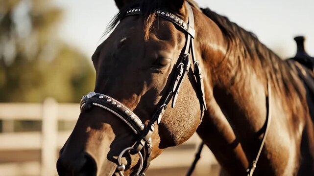 Closeup of a horse wearing a bridle