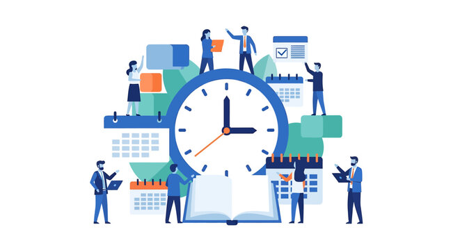 Business people managing time and tasks around a large clock and calendars. Vector Illustrations. EPS Editable