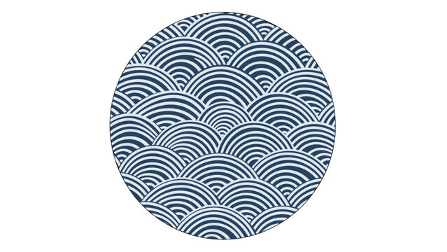 Traditional Japanese wave pattern known as Seigaiha presented within a circular frame in classic blue and white.