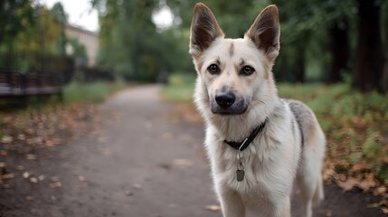 Fototapeta premium Alert dog with attentive gaze stands on a path in an autumn park