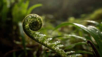 Delicate fern frond unfurling with water droplets in a humid forest environment showcasing new growth