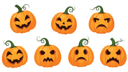 Set of seven orange jack o lanterns with various spooky and funny carved faces for Halloween decorations.
