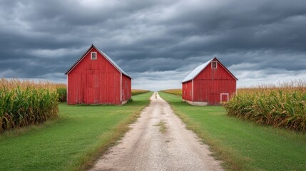 Obraz premium Scenic Agricultural Setting with Two Aligned Red Barns and Stormy Sky Over Green Fields