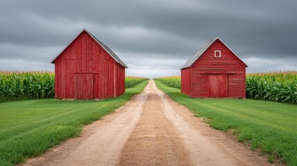 Obraz premium Two Red Barns Aligned in Agricultural Setting with Green Fields and Cloudy Sky