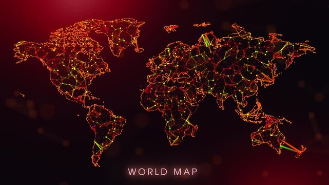 A dynamic motion video showcasing the World Map border through a colorful plexus reveal. Glowing red and orange dots represent high-tech data communication and global digital networks.