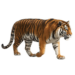 Obraz premium Large orange tiger with black stripes and white underbelly walking to the right with its head facing forward and tail curled behind it in a slow and deliberate stride.