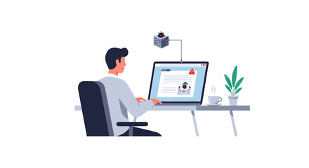 Man working on laptop with security camera monitoring his activity. Vector Illustrations. EPS Editable